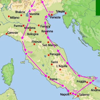 Italien-Landkarte-mit Reisestrecke