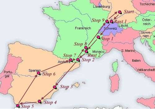 Karte fr Urlaub 2009 Strecke